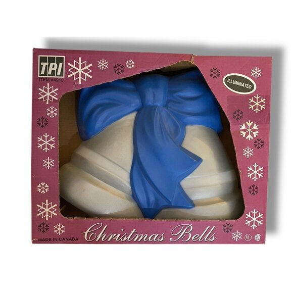 Vintage 1993 TPI Blow Mold Silver Bells With Blue Ribbon Bow Christmas Light - Picture 1 of 8